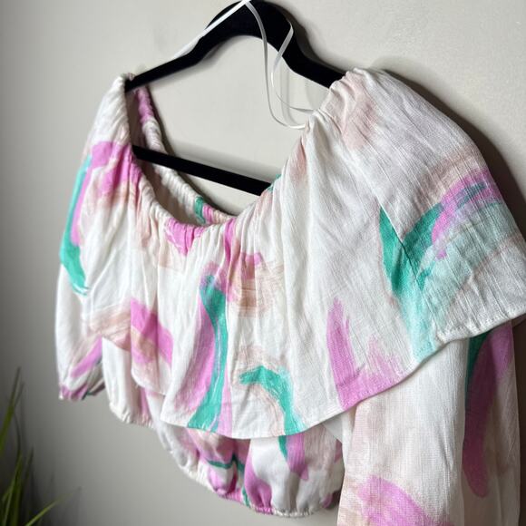 Gianni Bini‎ Brushstroke Off-Shoulder Ruffle Crop Top Puffy Sleeves Size Medium - Picture 2 of 8